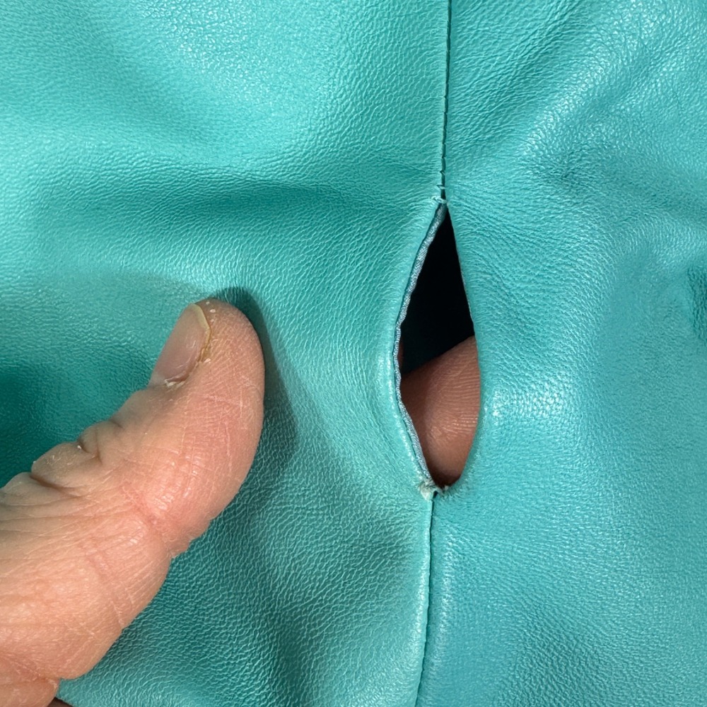 Badgley Mischka Vintage Teal Leather Jacket Silk Lined Cropped Tie Waist Sz‎ M/8 - Picture 9 of 15